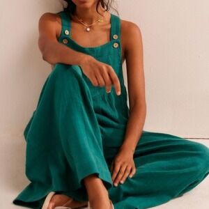 Free People Women's Wide Leg Jumpsuit Small Green Boho Overalls Sun Drenched